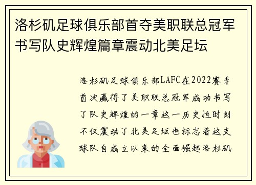 洛杉矶足球俱乐部首夺美职联总冠军书写队史辉煌篇章震动北美足坛 洛杉矶足球俱乐部首夺美职联总冠军书写队史辉煌篇章震动北美足坛